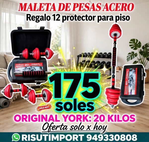 Set De Pesas York 20kg + Mancuernas + Adaptador Barra Recta + Maleta + Protector de piso