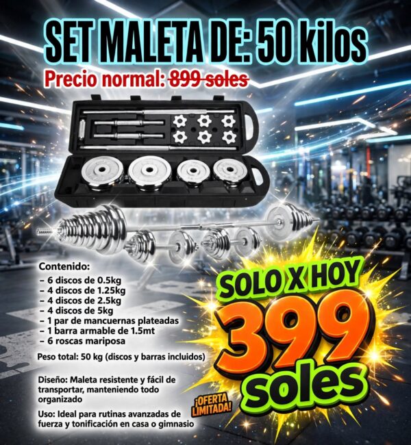 Maleta De 50 kilos York + Barra Recta + Mancuernas y Accesorios Importado Acero