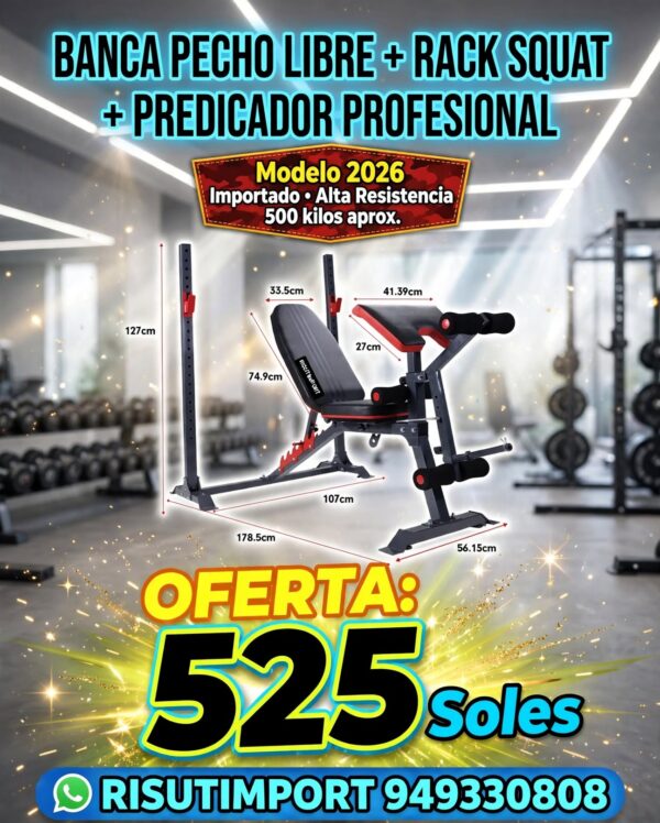 Banca Pecho Libre + Rack Squat + Predicador. Profesional